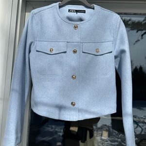 ZARA Pale Blue Cropped Button Jacket with Gold Buttons